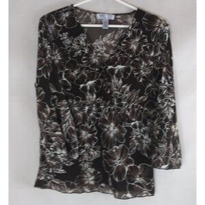 Nine & Co Women's Chocolate Brown Floral 3/4 Sleeve V-Neck Blouse Size Large
